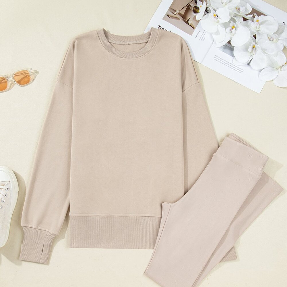 B326 Tan Solid Color Oversize Slit Sweatshirt and Ribbed Leggings 2 pc Set - Picture 5 of 5